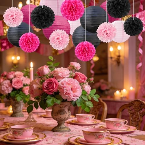 18 PCS Black Pink Paper Lanterns & Tissue Paper Pom Poms for Girls Birthday, Baby Shower, Wedding, Bridal Shower, Hanging Paper Decor for Indoor Outdoor Events Party Supplies