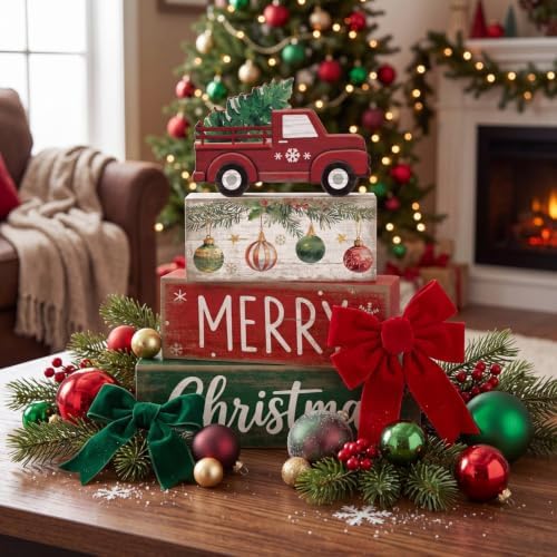 Lineshading 4 Pcs Christmas Table Decor, Red Truck Tree Block Sign Home