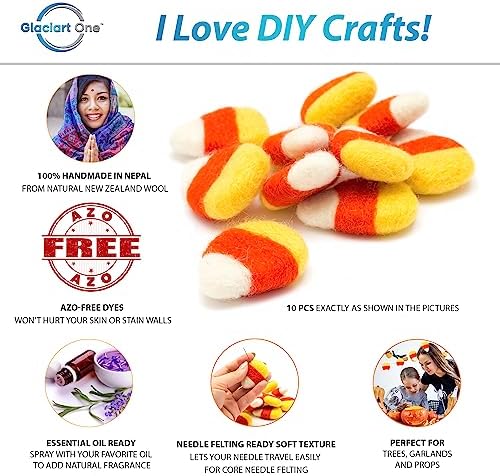 Glaciart One Felt Candy Corn - Create Garland, Autumn Decor, Halloween Thanksgiving Felt Props - Fall Home Decorating Set- 100% New Zealand Wool, Hand-Felted in Nepal, Essential Oil Ready | Pack of 10