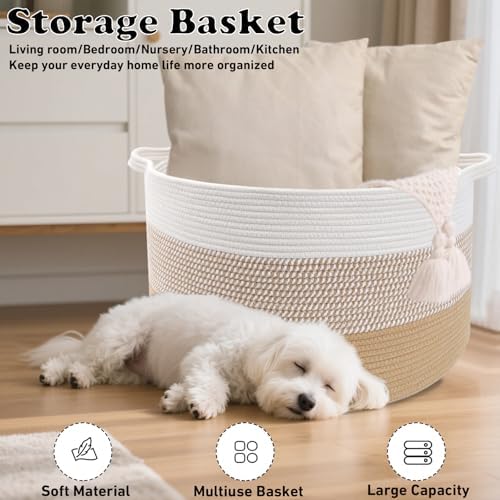 90L Large Blanket Basket,Rope Woven Laundry Basket-Yellow
