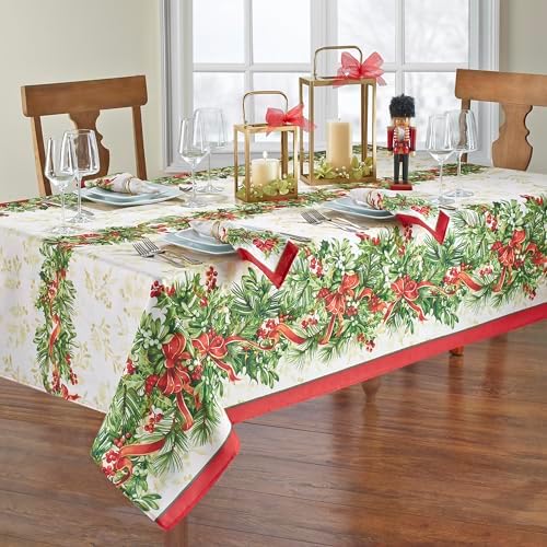 Elrene Home Fashions Holly Traditions Fabric Wrinkle Resistant Holiday Tablecloth, 60" x 144", Oblong, Multi