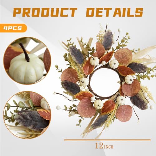 4 Pcs Fall Candle Rings 12 Inch Thanksgiving Autumn Pumpkins Wreaths