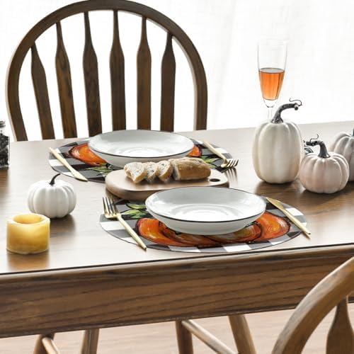 Artoid Mode Buffalo Plaid Pumpkin Fall Round Placemats Set of 4, 14 Inch Round Table Mats for Dining Decoration