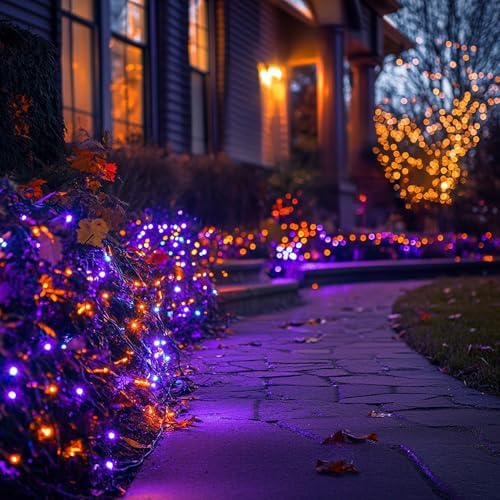 TW SHINE Halloween Lights, 600 LED 196FT Halloween String Lights Plug-in with 8 Modes Timer and Remote, Waterproof Outdoor Decorations for Haunted House Party Yard Decor, Purple and Orange