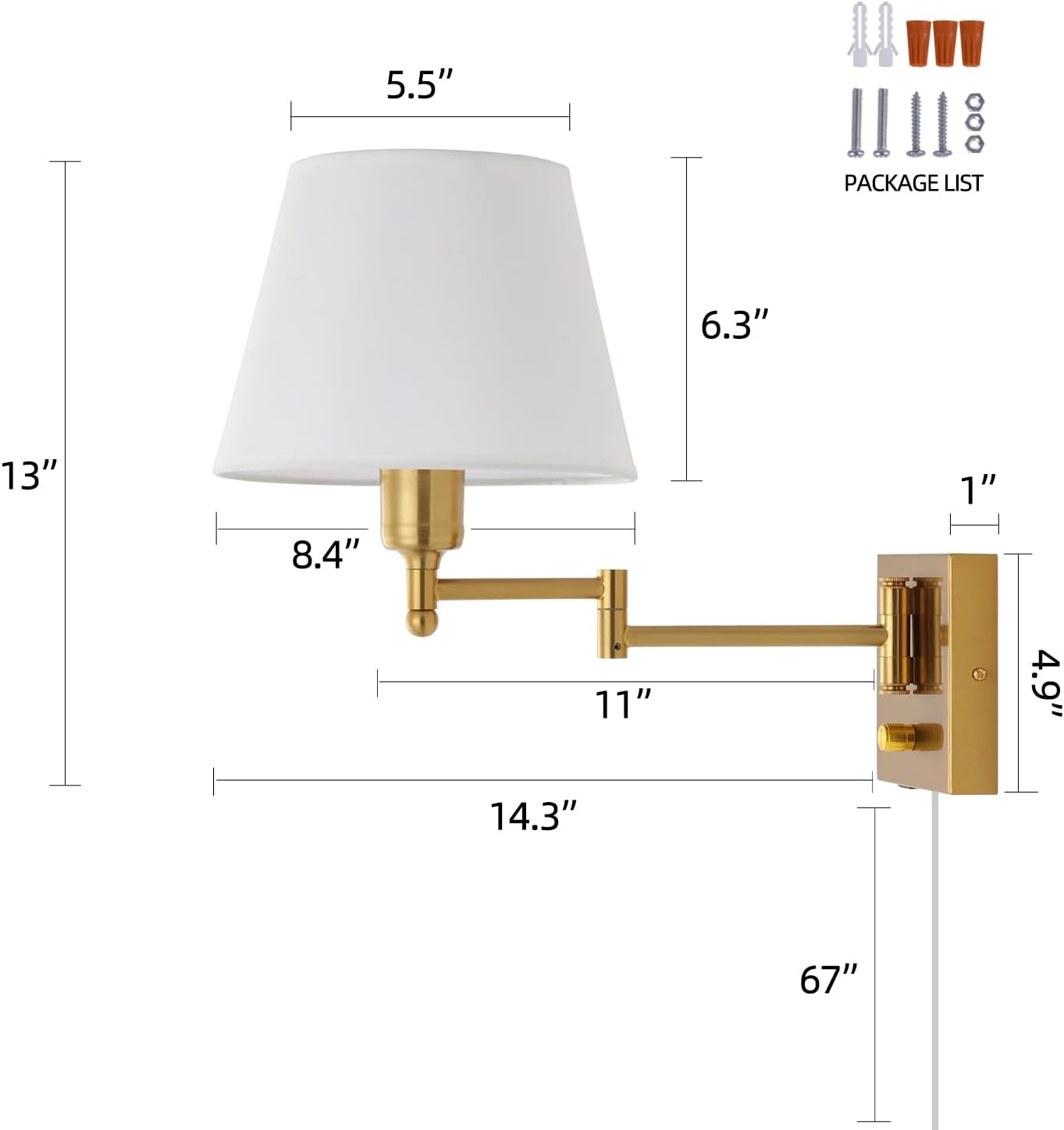 Bedside Wall Mount Light with Dimmable Switch, Swing Arm Fabric Shade Wall Sconce Light with USB Port and Plug in Cord