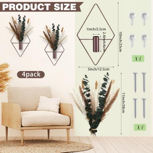 Jexine 4 Pcs Hanging Artificial Planters Wall Decor, Bronze, Pampas