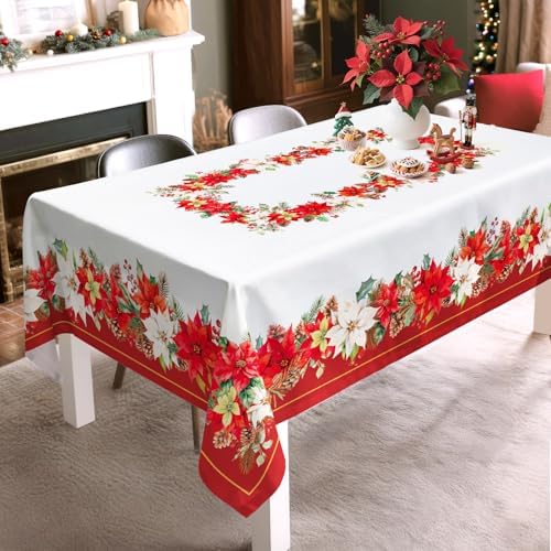 Christmas Floral Polyester Tablecloth, Red, 60 x 104 inch
