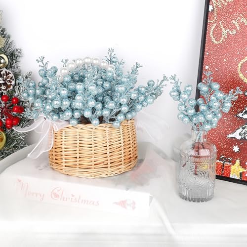 24 Pack Light Blue Berry Stems,Artificial Burgundy Glitter Red Berries,7.5 Inch Christmas Berries Picks for DIY Crafts Christmas Tree Christmas Wreath Home Wedding Home Party Decoration (Light Blue)