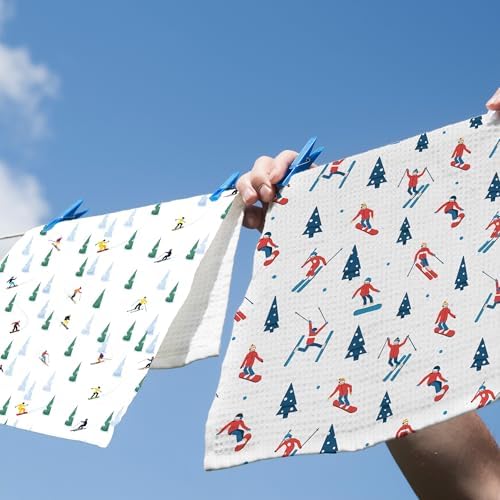 XPH Winter Skiing Kitchen Dish Towels Set of 2, Ski Lovers Gifts for Women Men, Skiing Gifts, Cozy Seasonal Winter Hand Towels Kitchen Tea Towel Decorations, 16x24inch