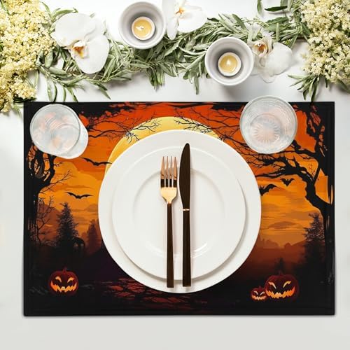 Halloween Placemats Set of 4 18x12 Inch Spooky Witch Bat Castle Pumpkin Linen Place Mats Heat-Resistant Washable Wipeable Fall Holiday Table Mats for Party Kitchen Dining Room Dinner Table Decor