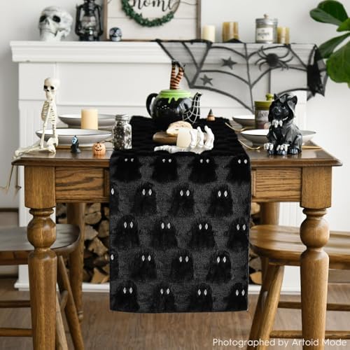 Artoid Mode Black Soft Faux Fur Ghost Halloween Table Runner 13x72 Inch