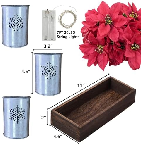 Poinsettias Artificial Christmas Flowers with LED Lights, Red Xmas Table Centerpiece in Pots and Wood Box for Decoration