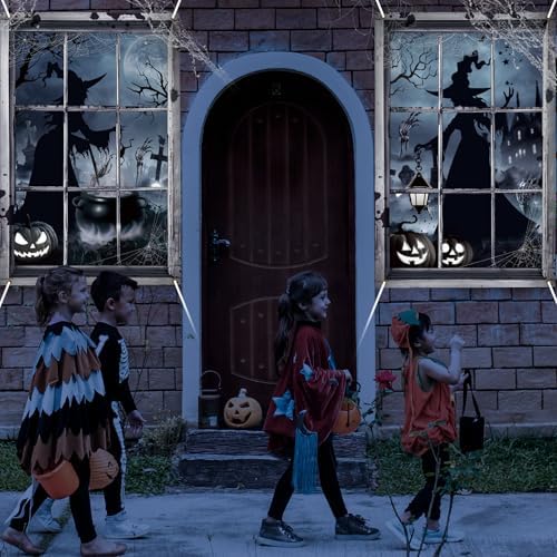Preboun 2 Pcs Halloween Witch Window Clings Decoration Scary Halloween Window Silhouette Cover Curtain Poster for Wall Garage Door Home Indoor Outdoor Party Favors