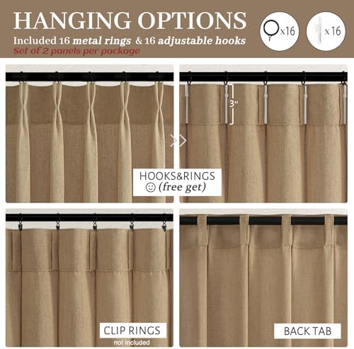 Pleated Linen Rust Brown Curtains 84 Inches Long 2 Panels Set for Bedroom, Memory Trained Pinch Pleat Light Filtering