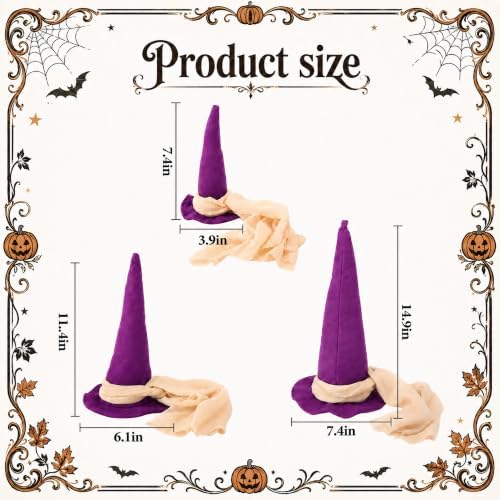 3 Pcs 3 Size Halloween Witch Hat Table Centerpieces with Gauze Ribbon