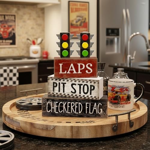 Lineshading 4 Pcs Race Car Wooden Tiered Tray Decor Tabletop Block Signs
