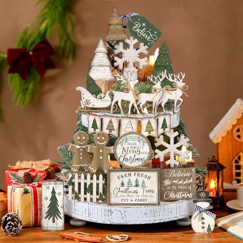 Shellwei 22 Pcs Christmas Tiered Tray Decor Set Wood Rustic Gingerbread Christmas Decoration Winter Farmhouse Decor Xmas Trees Gnome Elk Snowflake Signs for Table Shelf Home Centerpiece (Fresh)