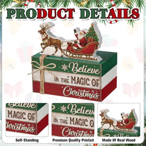 Geelin 4 Pcs Christmas Tiered Tray Decor Wooden Book Stack Signs, Believe in the Magic of Christmas Farmhouse Rustic Table Centerpiece for Shelf Coffee Bar Mantel, Home Decorations Gifts