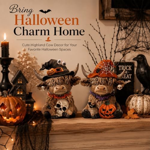 Karenhi 2 Pcs Highland Cow Figurines, Halloween Tabletop Statues Decor