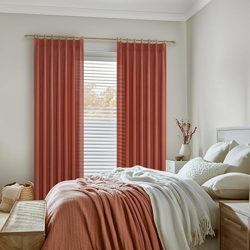 Rust Burnt Orange Fall Sheer Curtains 90 Inches Long for Bedroom 2 Panels Set, Pinch Pleated Flax Linen Light Filtering