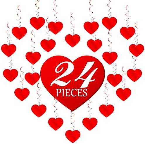 Red Heart Hanging Swirls, 24Pcs Foil Love Heart Ceiling Streamer for Valentines Galentines Decorations Bridal Shower Engagement Wedding Party Suppies