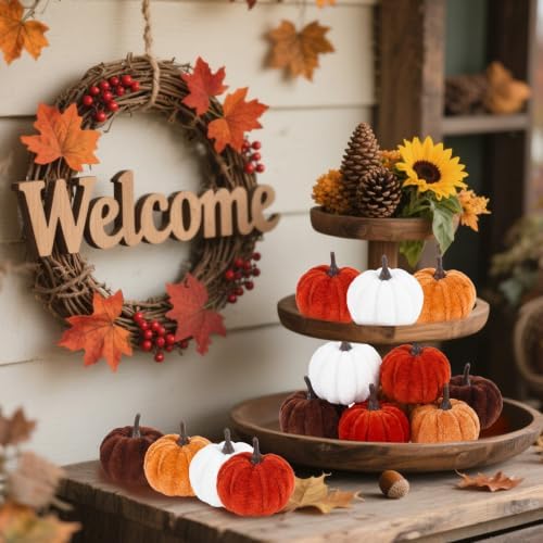 16 PCS Fall Autumn Artificial Velvet Pumpkins Mini Faux Pumpkins