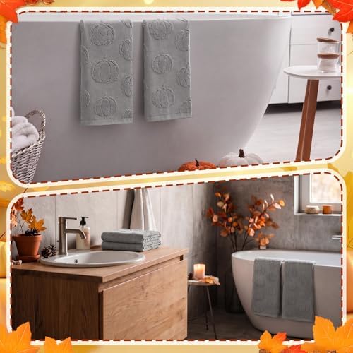 Mindsoft 2 Pcs Fall Hand Towels 3D Pumpkin Jacquard,Light Gray