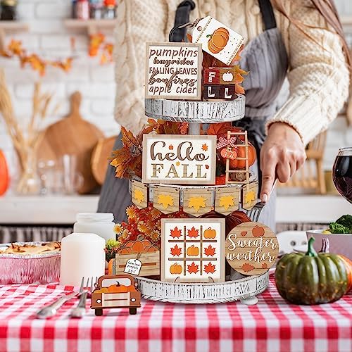 Fairysandy 14 Pcs Fall Tiered Tray Decor Set Maple Wooden Table Sign