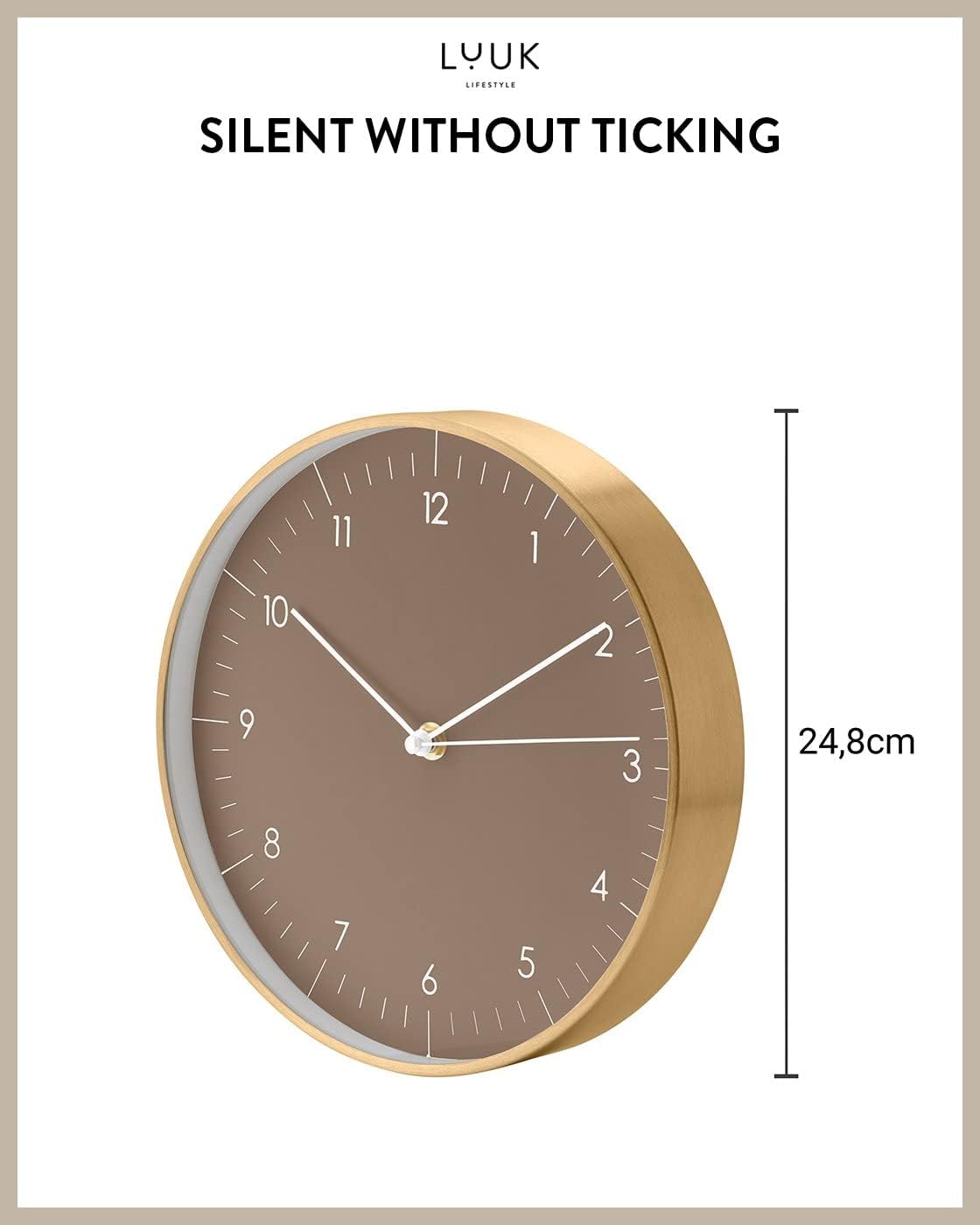 Modern Silent Quartz Wall Clock, 10in, Brown & Gold | for Living room, Guest room, Bedroom, Minimalist design, Earth