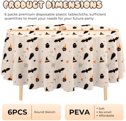6 Pack Halloween Tablecloth, 84" Round Plastic Bat Ghost Table Cloth Large Size Round Halloween Table Covers for Home Decor Halloween Party Decorations