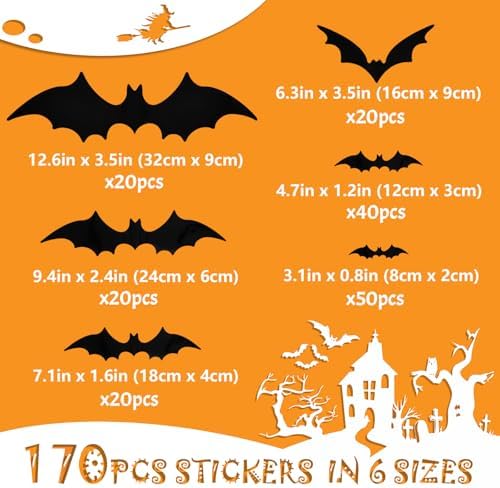 170Pcs 3D Bats Wall Decor, 6 Sizes PVC Bat Stickers Halloween Decorations