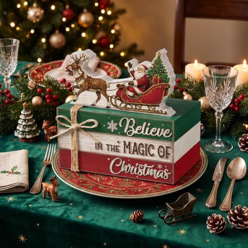 Geelin 4 Pcs Christmas Tiered Tray Decor Wooden Book Stack Signs, Believe in the Magic of Christmas Farmhouse Rustic Table Centerpiece for Shelf Coffee Bar Mantel, Home Decorations Gifts