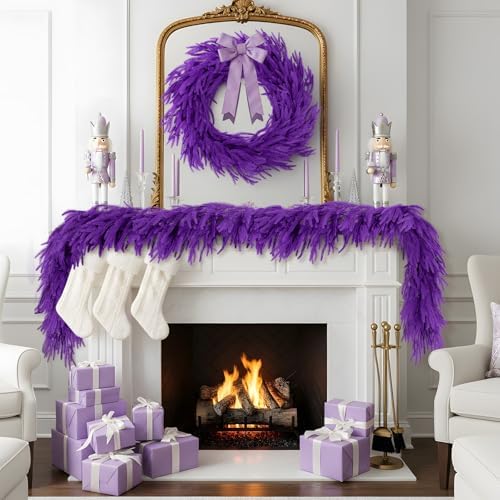 N&T NIETING 9FT Christmas Norfolk Pine Garland Real Touch Artificial Christmas Purple Xmas Garland for Mantle, Table Holiday Fireplace Staircase Indoor Outdoor Halloween Christmas Decorations