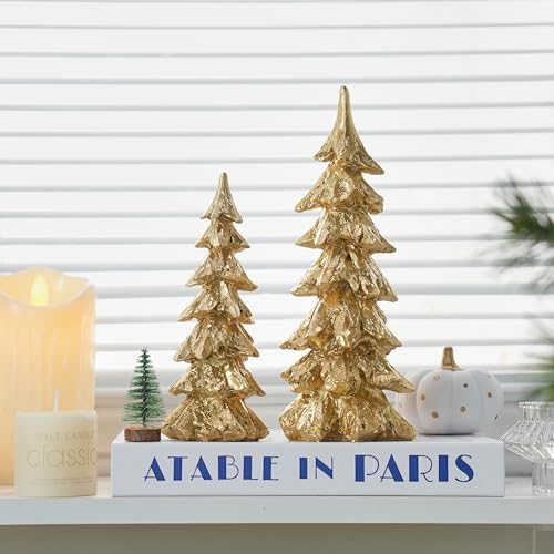 FESTGLOX Gold Christmas Tree Figurines, Resin Tabletop Christmas Tree Decor