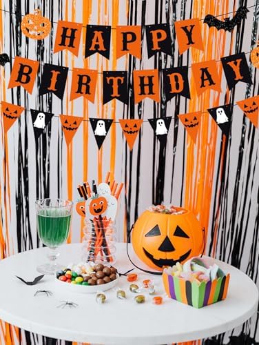 PTFNY Halloween Birthday Banner with Pumpkin and Bat Signs - Black & Orange Themed Party Decor for Wall & Fireplace