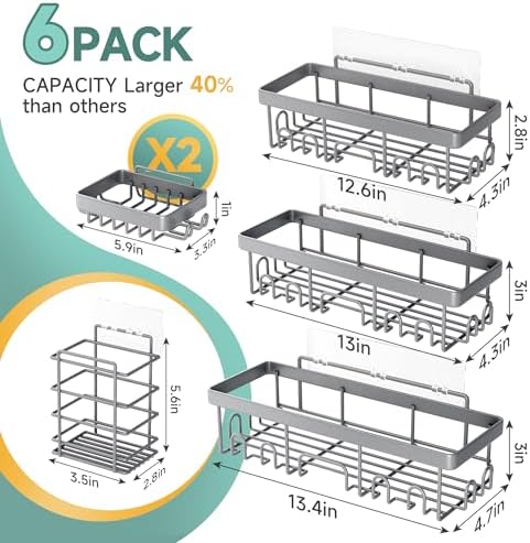 Veken 6-Pack Rustproof & Waterproof Shower Caddy, Adhesive Shelves Rack, Large Capacity Bathroom, College Dorm &
