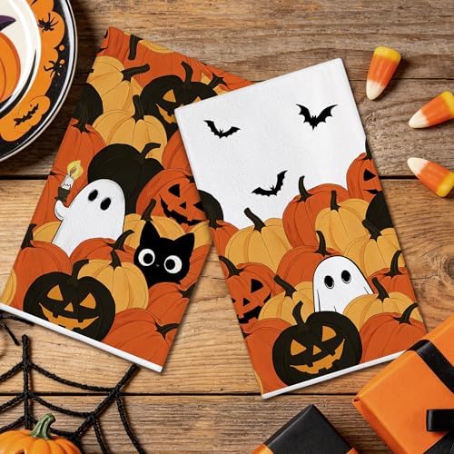 Hexagram Halloween Kitchen Towels, Ghost Cat Halloween Hand Towels