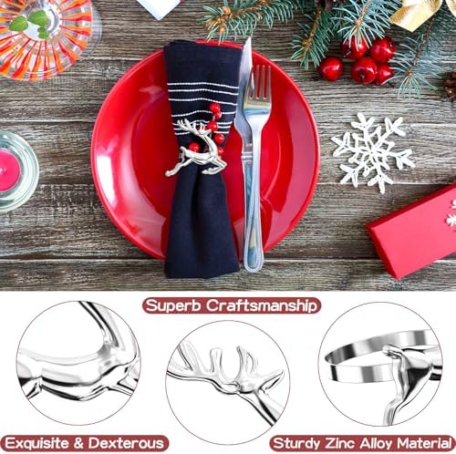 ZeeDix Christmas Silver Reindeer Napkin Rings Set of 24 for Table Decor