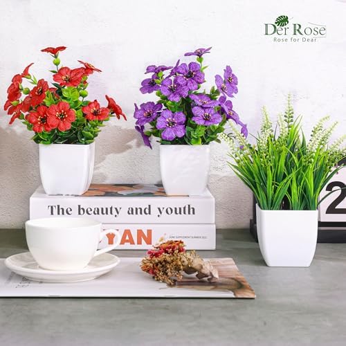 Der Rose 4 Pack Small Artificial Flowers in White Pots, Spring Home Decor