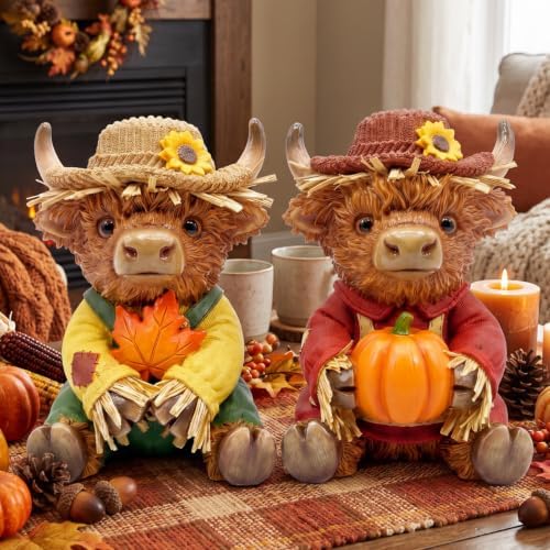 Simgoing 2 Pcs Fall Thanksgiving Highland Cow Resin Scarecrow Cow Decor