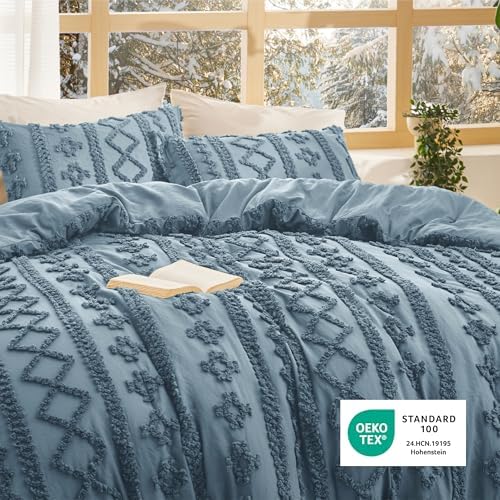 Bedsure Tufted Boho Comforter Set Queen Size - Dusty Blue Boho Bed Set, GentleSoft™ 3 Pieces Farmhouse-Style Embroidery