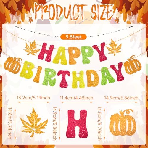 Thanksgiving Glitter Happy Birthday Banner - Autumn Fall Theme Hanging Paper Garland Bunting Banner with Pumpkin and Maple Leaf Decorations, Photo Backdrop for Wall Home Mantle Office Party Supplies