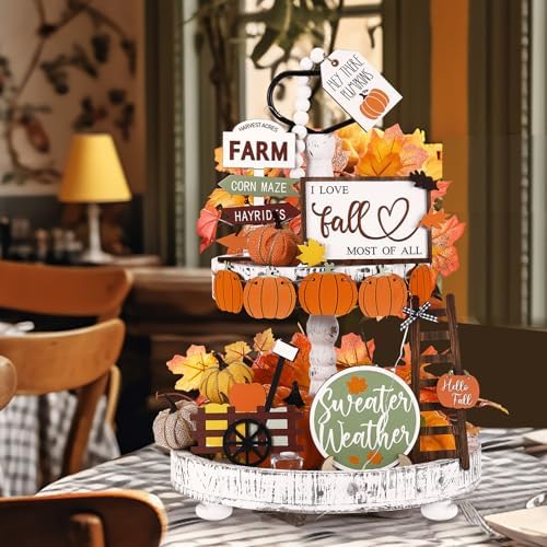 FairySandy 19 Pcs Fall Tiered Tray Decor Set, Pumpkin Patch