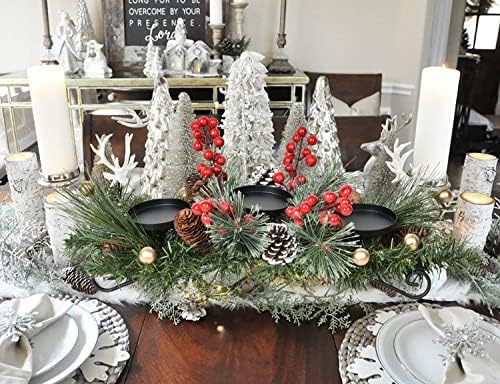 Lvydec Christmas Candle Holder Centerpiece - Pine Cones and Red Berry Table Centerpiece with 3 Candle Holders for Festival Table Home Decoration