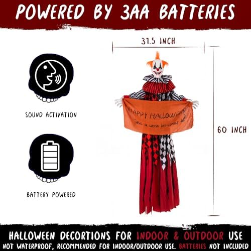 Halloween Animatronics 5ft Hanging Clown, 60inch Floating Animated Clown Decorations with Banner, Sound Activated, Creepy Voice, Light Up Eyes, Scary Move, Spooky Horror Prop for Indoor, Outdoor