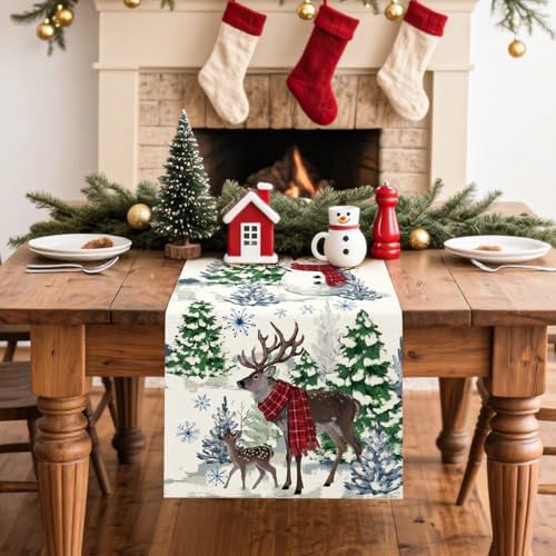 Artscope Reindeer Snowman Christmas Tree Table Runner, Xmas Winter Snowflakes Holiday Kitchen Dining Table Decoration for Christmas Home Party Decor 13x108 Inch-Beige