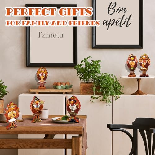 DoubleFill 6 Pcs Thanksgiving Turkey Decorations Wooden Turkey Table Centerpieces Fall Tiered Tray Decor Thanksgiving Standing Wooden Block Signs for Home Kitchen Tabletop Shelf Autumn Harvest Party