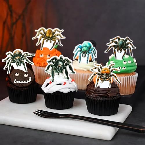 Gyufise 36Pcs Halloween Spider Cupcake Toppers - Spider Cake Picks - Halloween Horror Cupcake Decors - Baby Shower Party Cake Decoration Supplies