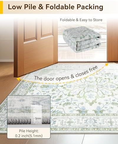 RELEANY Washable Area Rug, Square 4'x4', Green/White/Blue