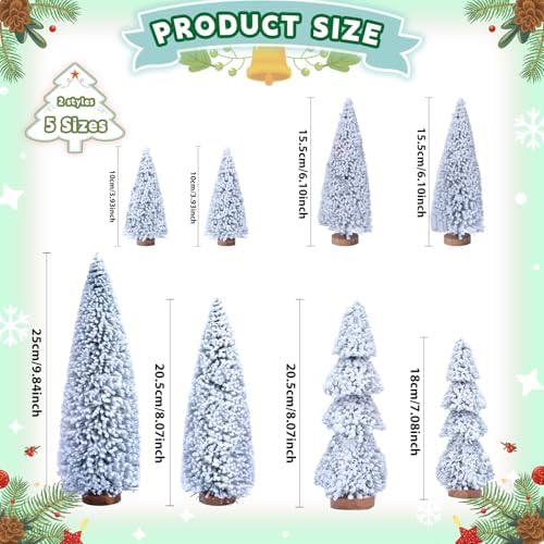 AerWo 8Pcs Mini Christmas Trees Flocked Bottle Brush Christmas Trees 4''-10'' with Wooden Bases, Small Xmas Tree for Tabletop Xmas Decor Village Crafts Winter Holiday Table Decorations